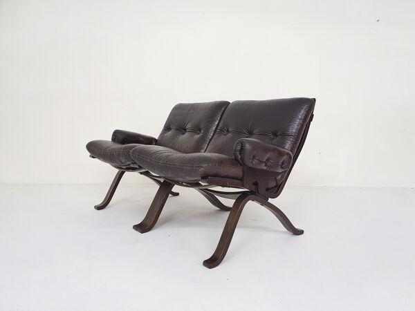 Canapé deux places en cuir marron, Norvège des années 1970