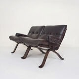 Brown leather two-seater sofa, Norway 1970's