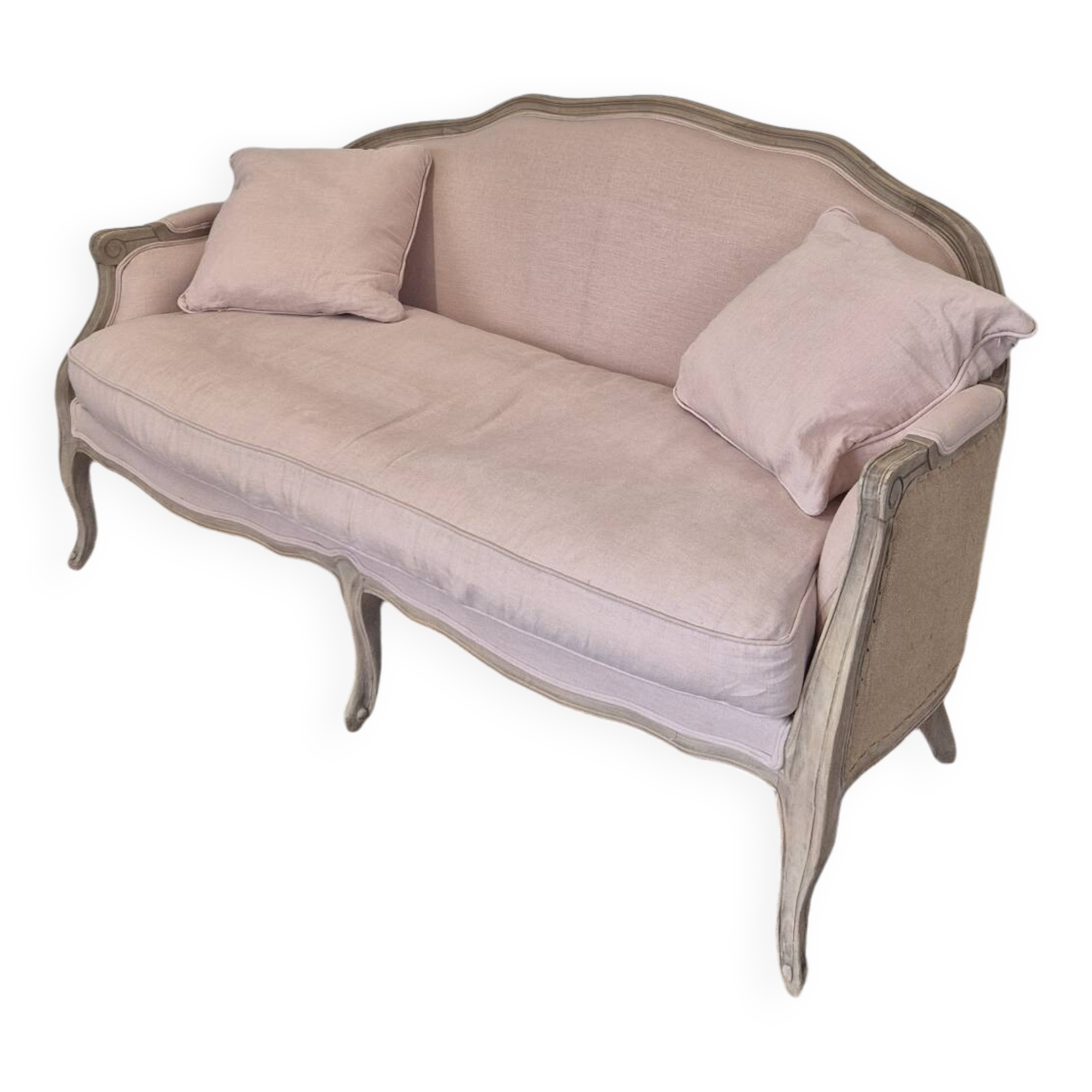Louis XV style bench sofa in pink fabric and burlap