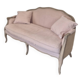Louis XV style bench sofa in pink fabric and burlap