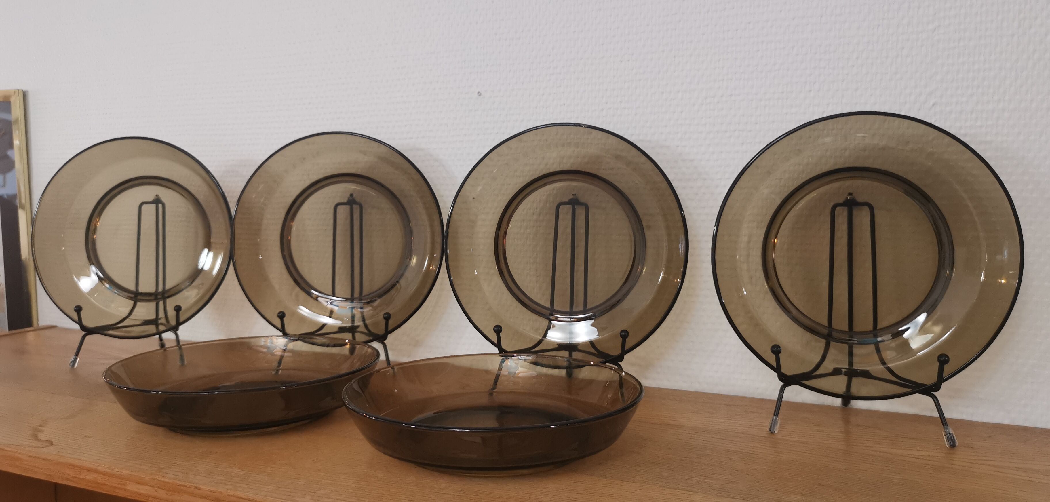 Set of 6 hollow plates in smoked brown glass Vereco 70'S Vintage