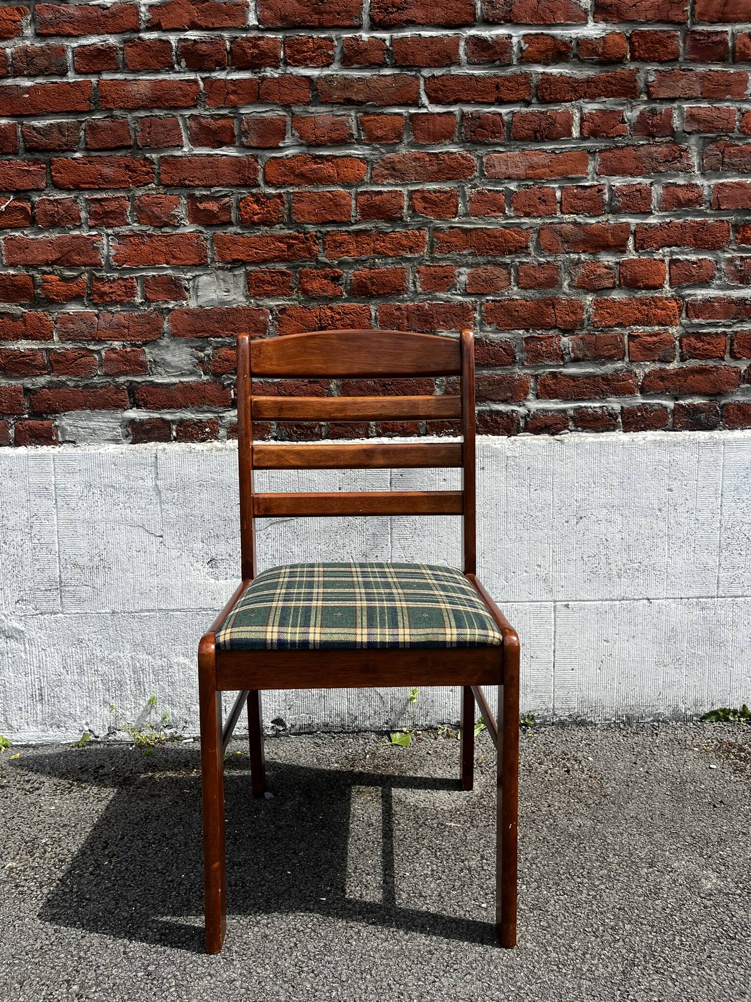 Lot of 3 vintage checkered wood and fabric chairs.