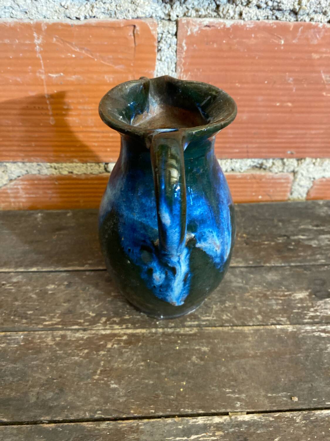 Vintage 1970s Black and Blue Glazed Stoneware Jug