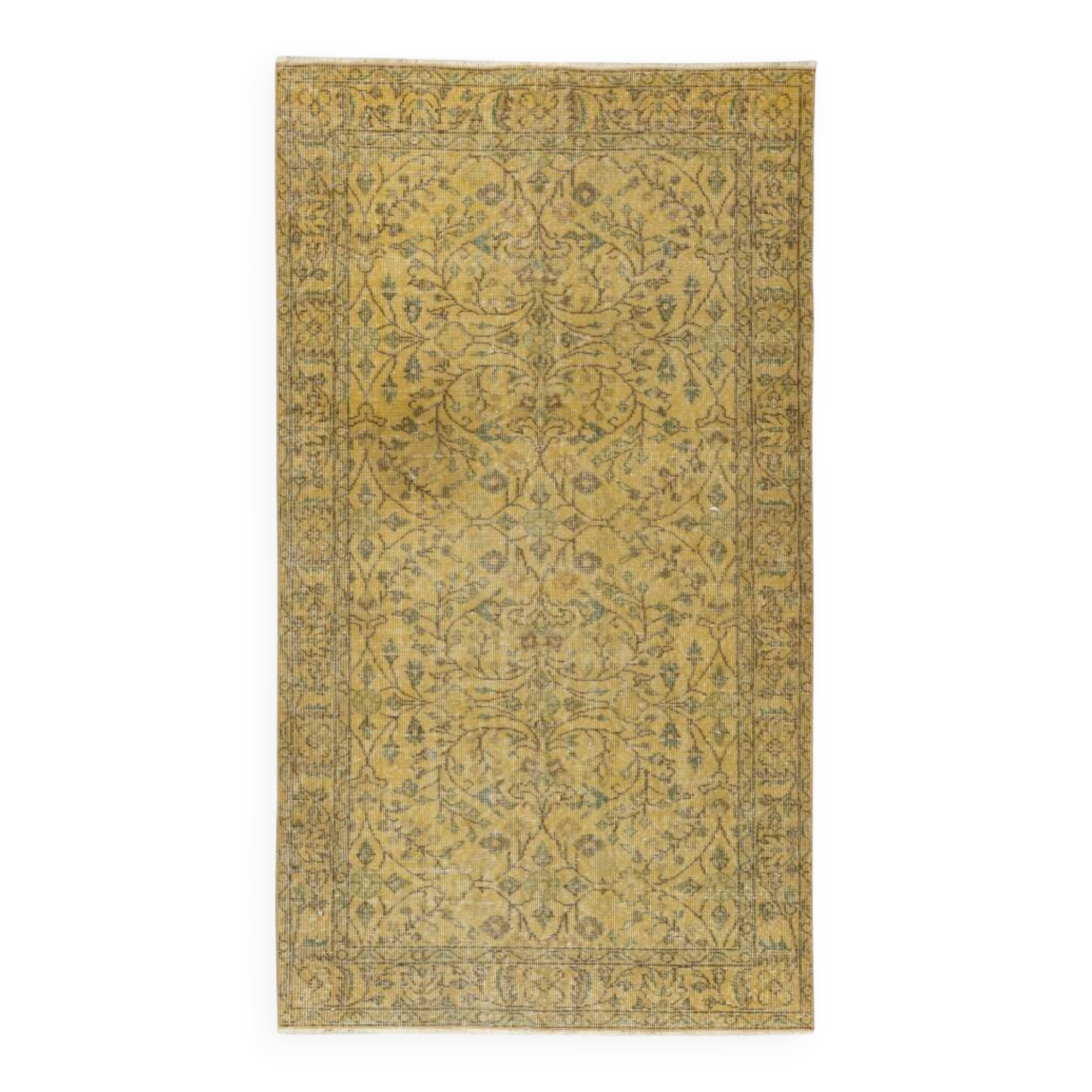 Vintage Handmade Turkish Wool Area Rug Redyed in Yellow for Modern Interiors