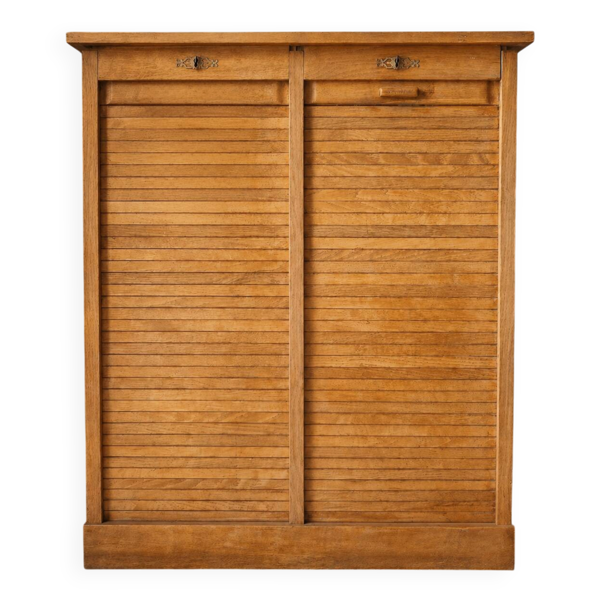 Old oak filing cabinet with curtains, notary furniture style.