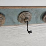 Antique teak coat rack with 3 wrought iron hooks