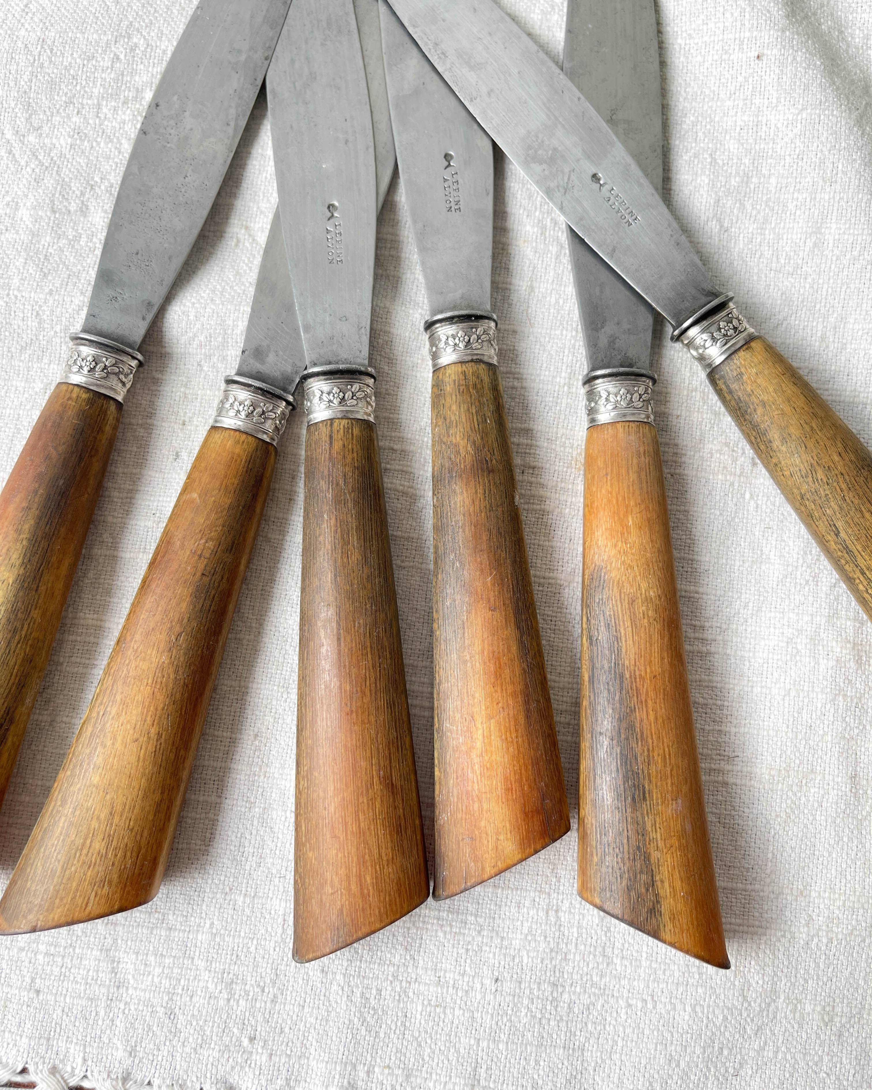 6 Vintage Horn Knives Silver Steel Blade LEPINE A LYON France 19th Century