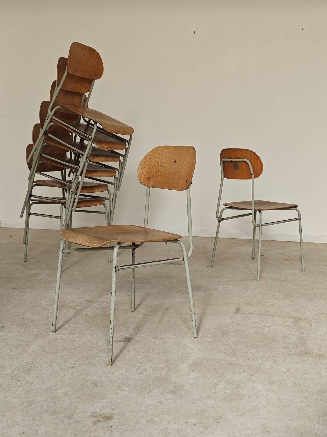 Set of 8 metal and wood school chairs  
Former Czechoslovakia 1960