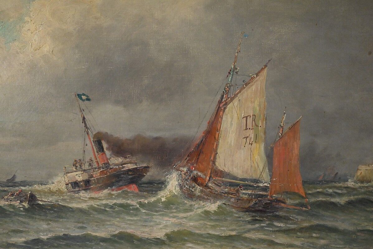 Painting "Entry to the Port in Rough Seas", oil on canvas, signed C. Demont – early 20th century
