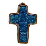 Ceramic cross with a blue background and bird decoration by Taburet Quimper, 20th century.