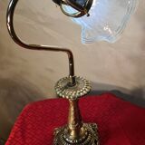 bronze art nouveau tulip lamp with translucent blue lace glass 39x25 cm