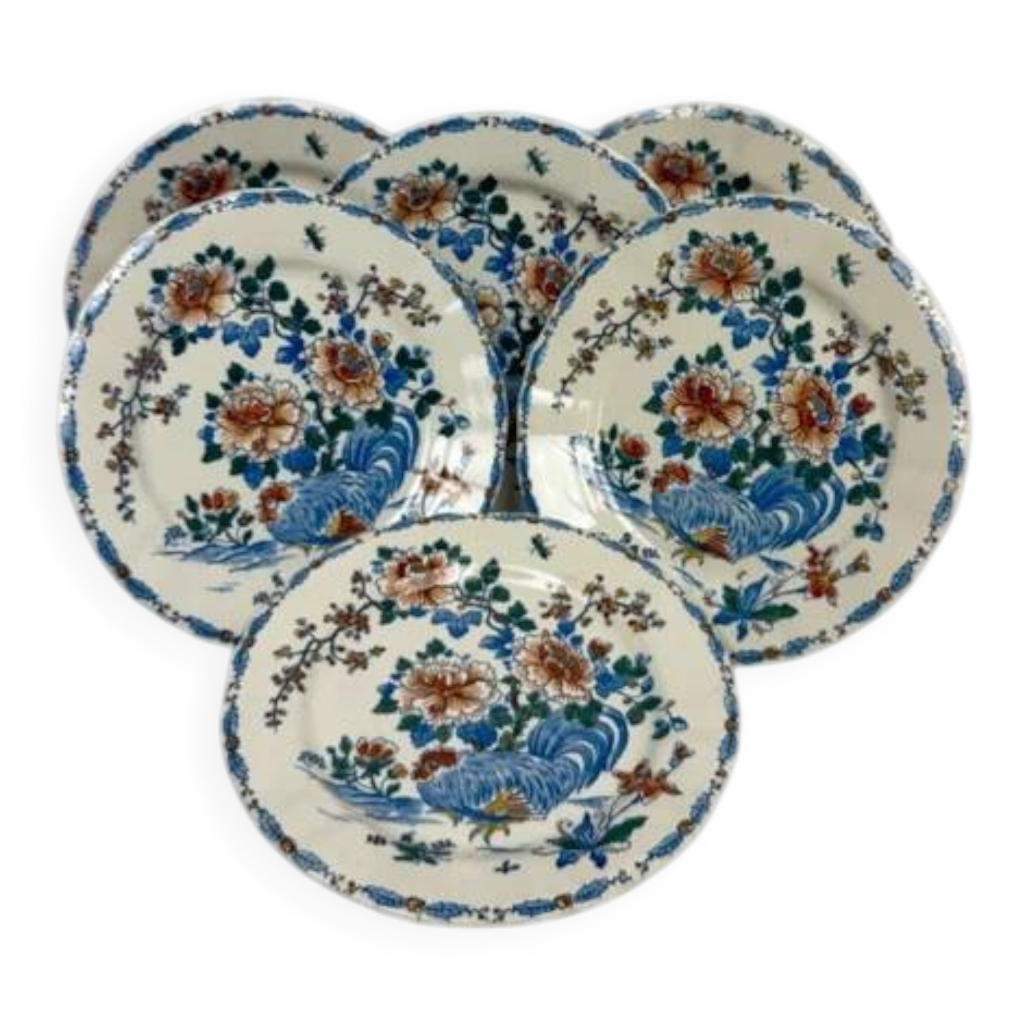 Set of 6 Gien flat plates with rooster and peony decoration, earthenware, 1875