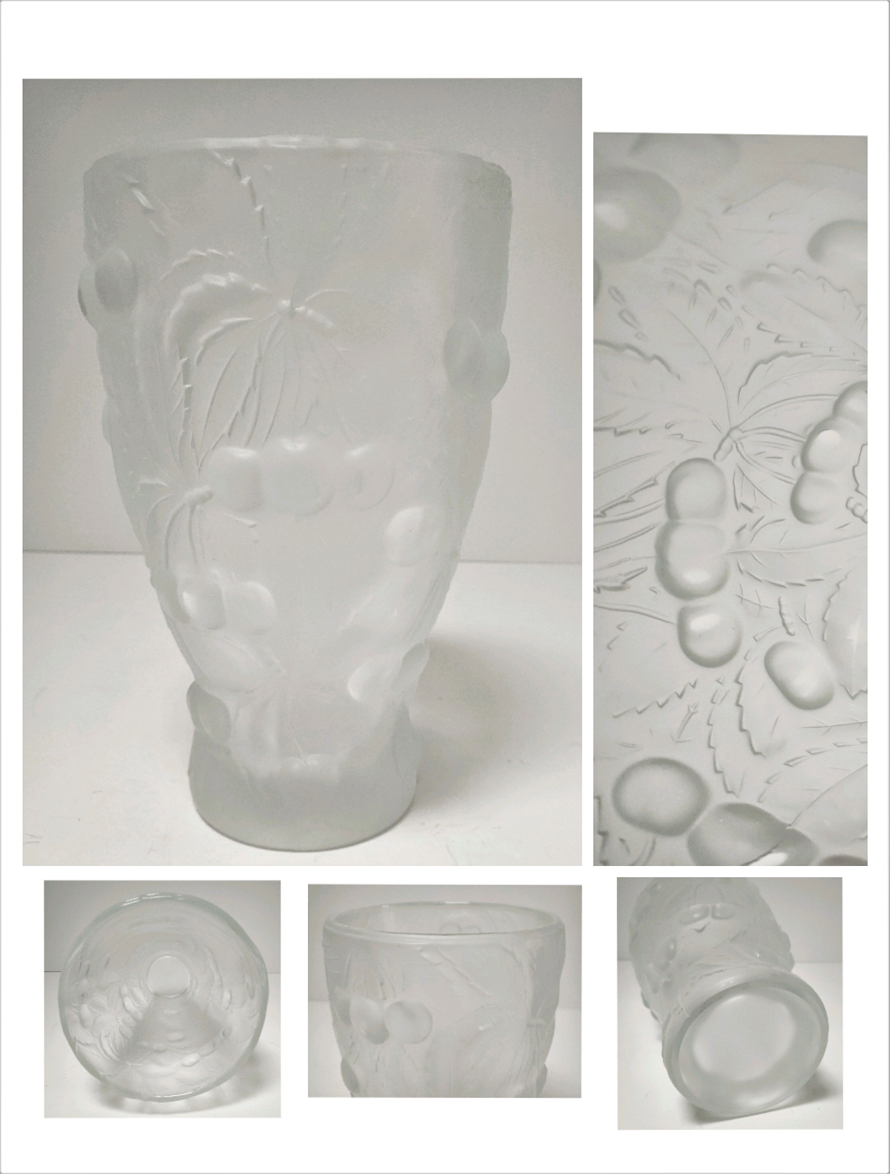Vase pressed glass molded matte Josef Inwald decoration cherries