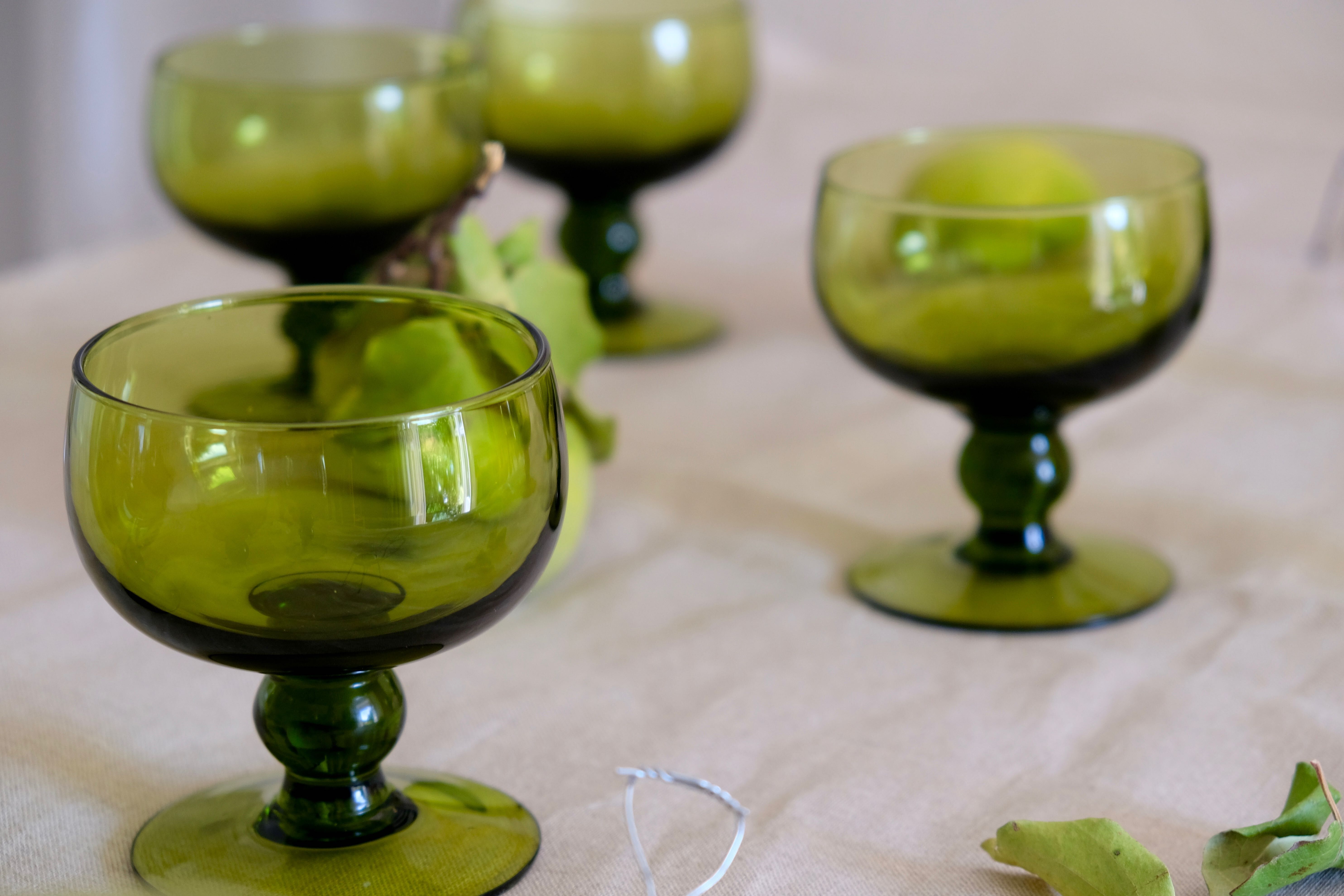 Set of 12 olive green wine glasses, mouth soufflé from the 50s