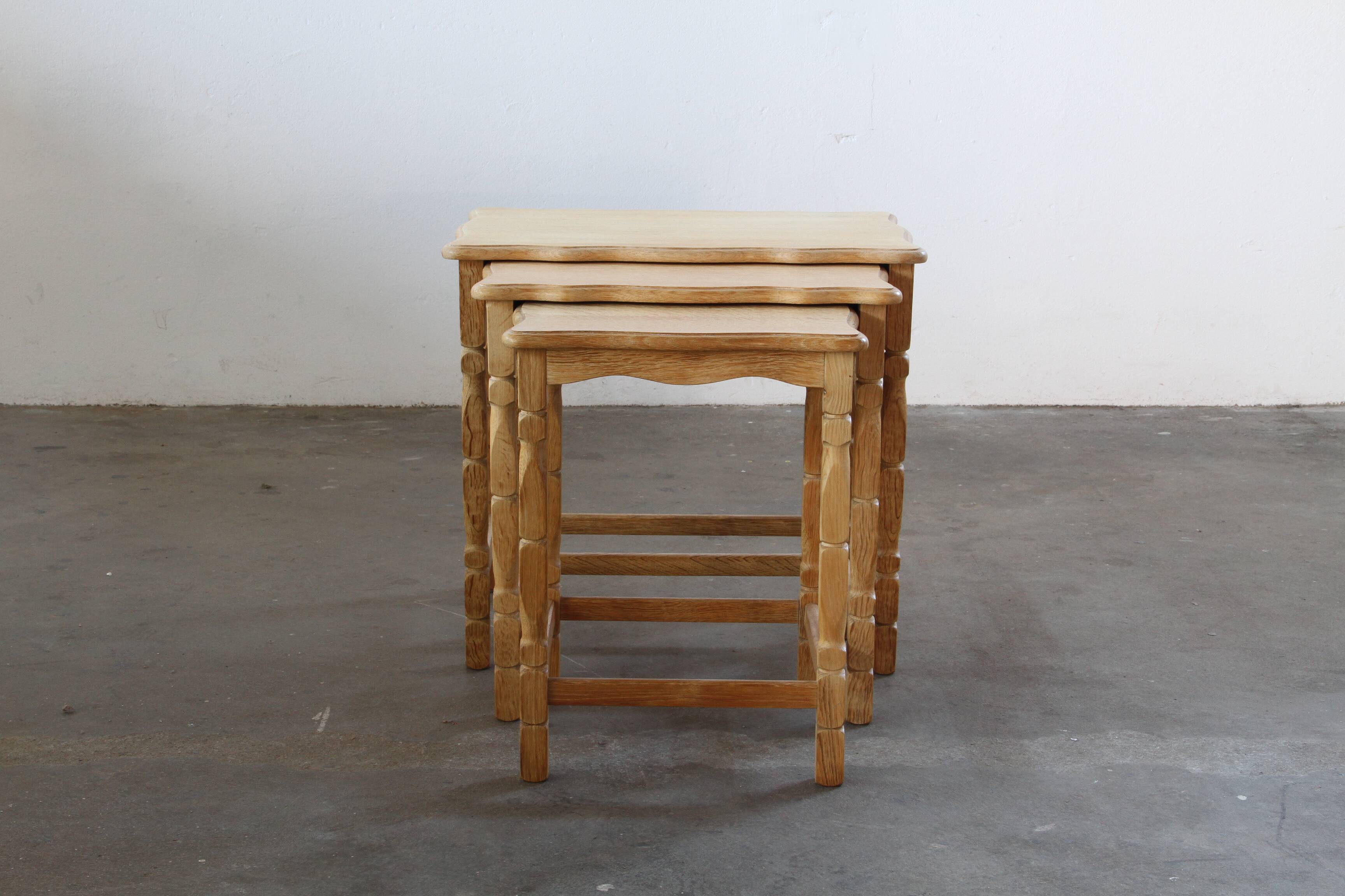 Vintage 1970s set of 3 Nesting / Stacking Oak Tables, style of Henning Kjær