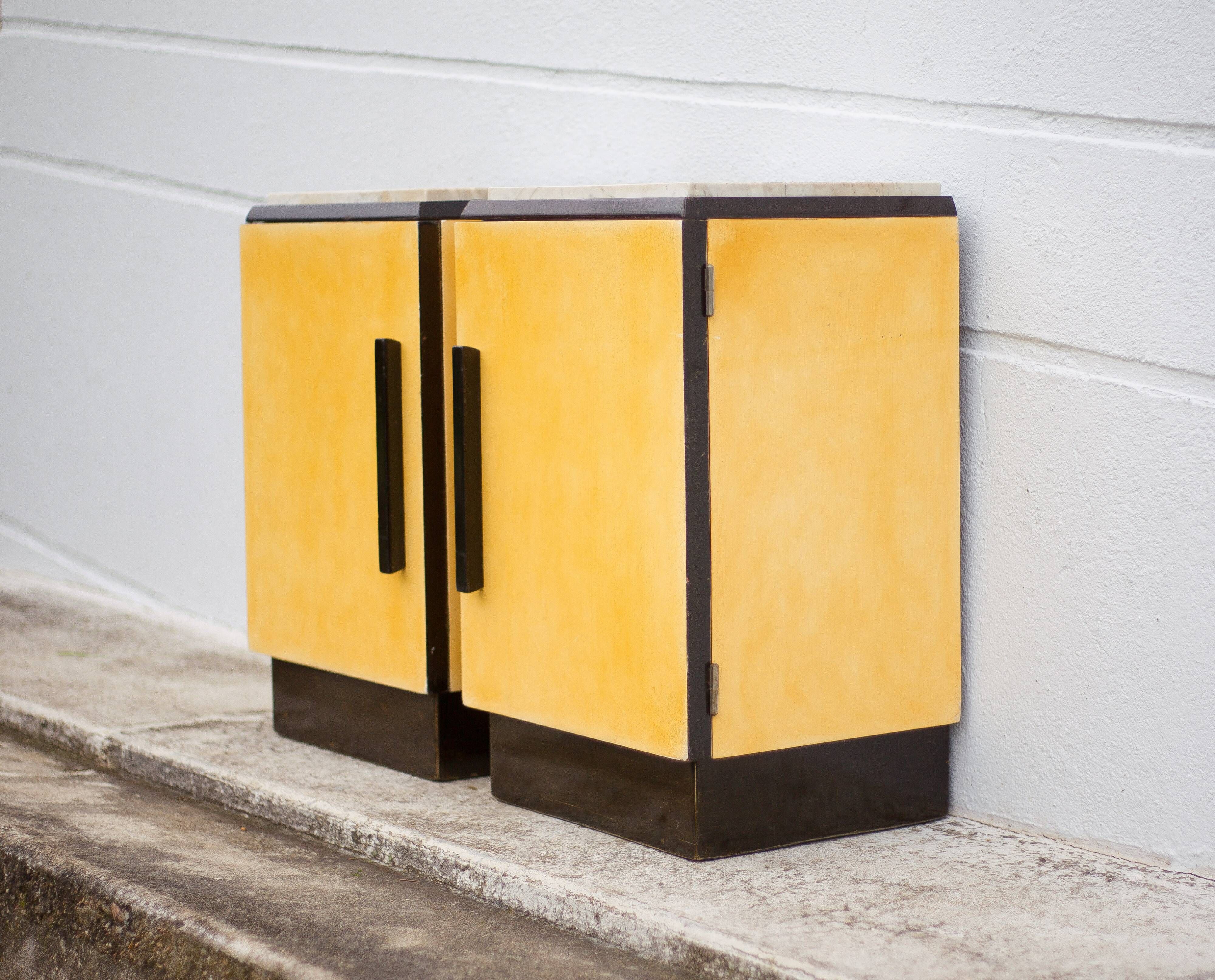 Pair of lacquered wood nightstands with brand plate, vintage bedside table, bedroom furniture
