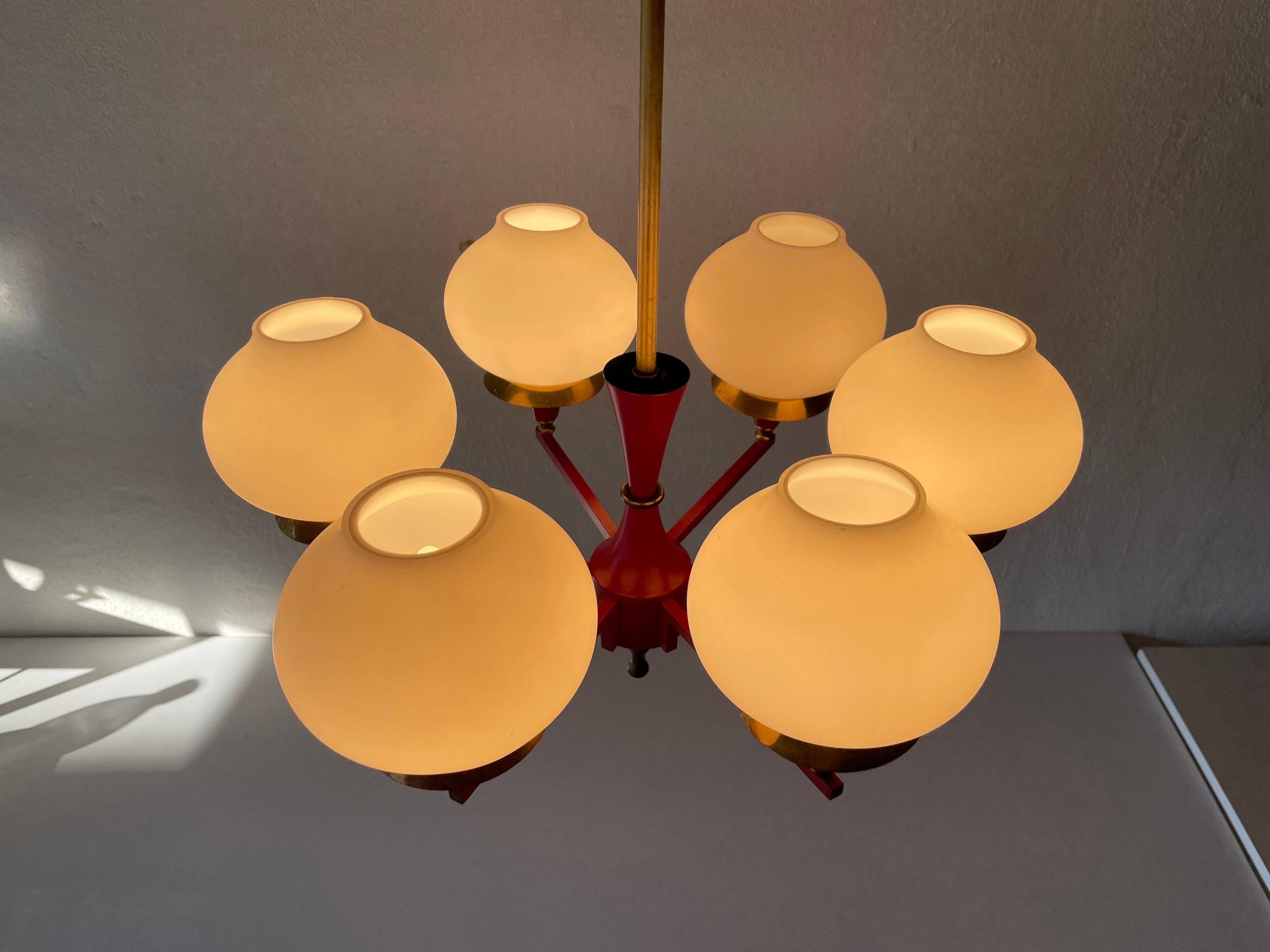 6 pendant lamps in glass and burgundy brass by Hans-Agne Jakobsson, 1960s, Sweden