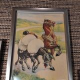 Set of 5 illustrations framed in glass the Fables of La Fontaine