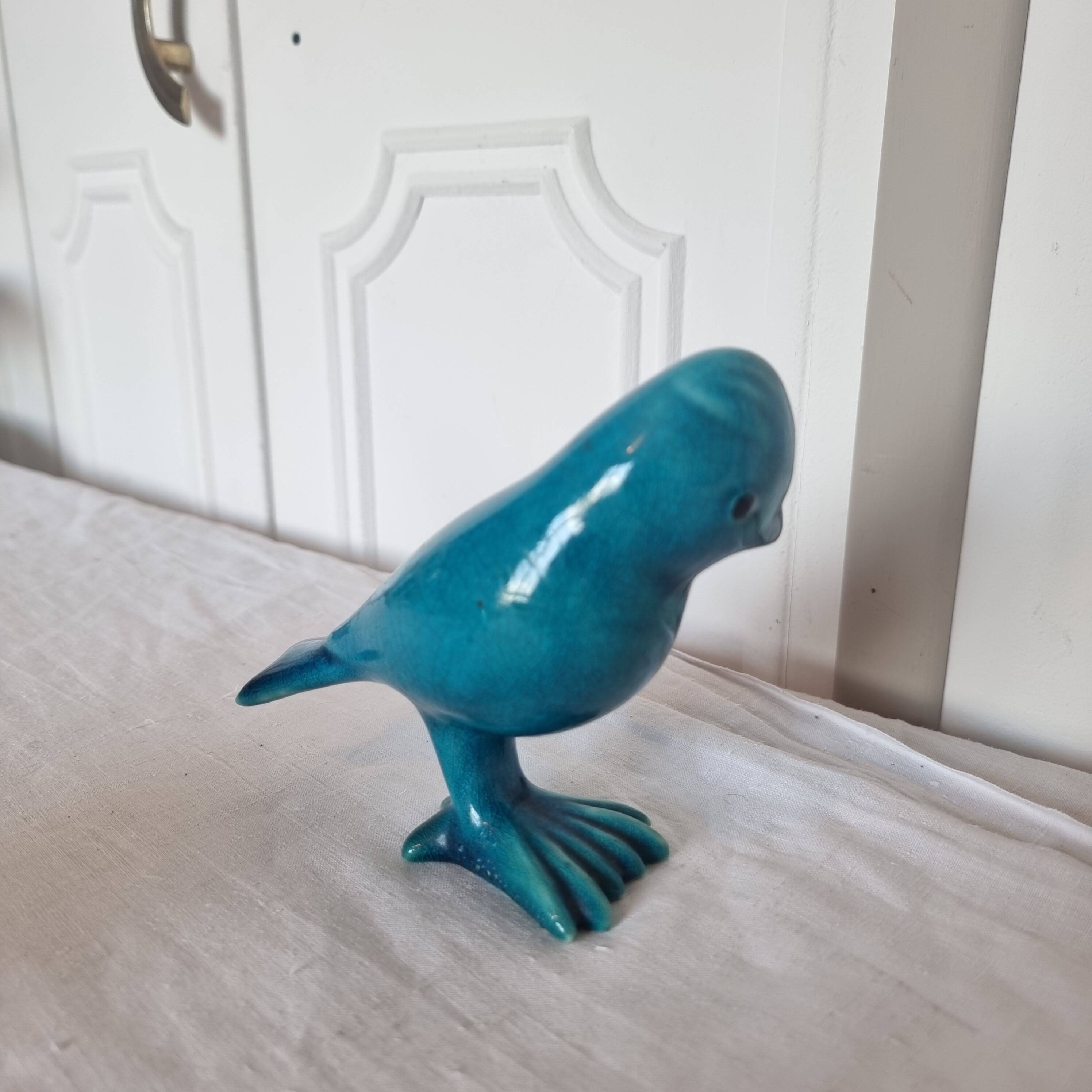 Pair of Art Deco Birds in Blue Porcelain from the 40s-50s signed