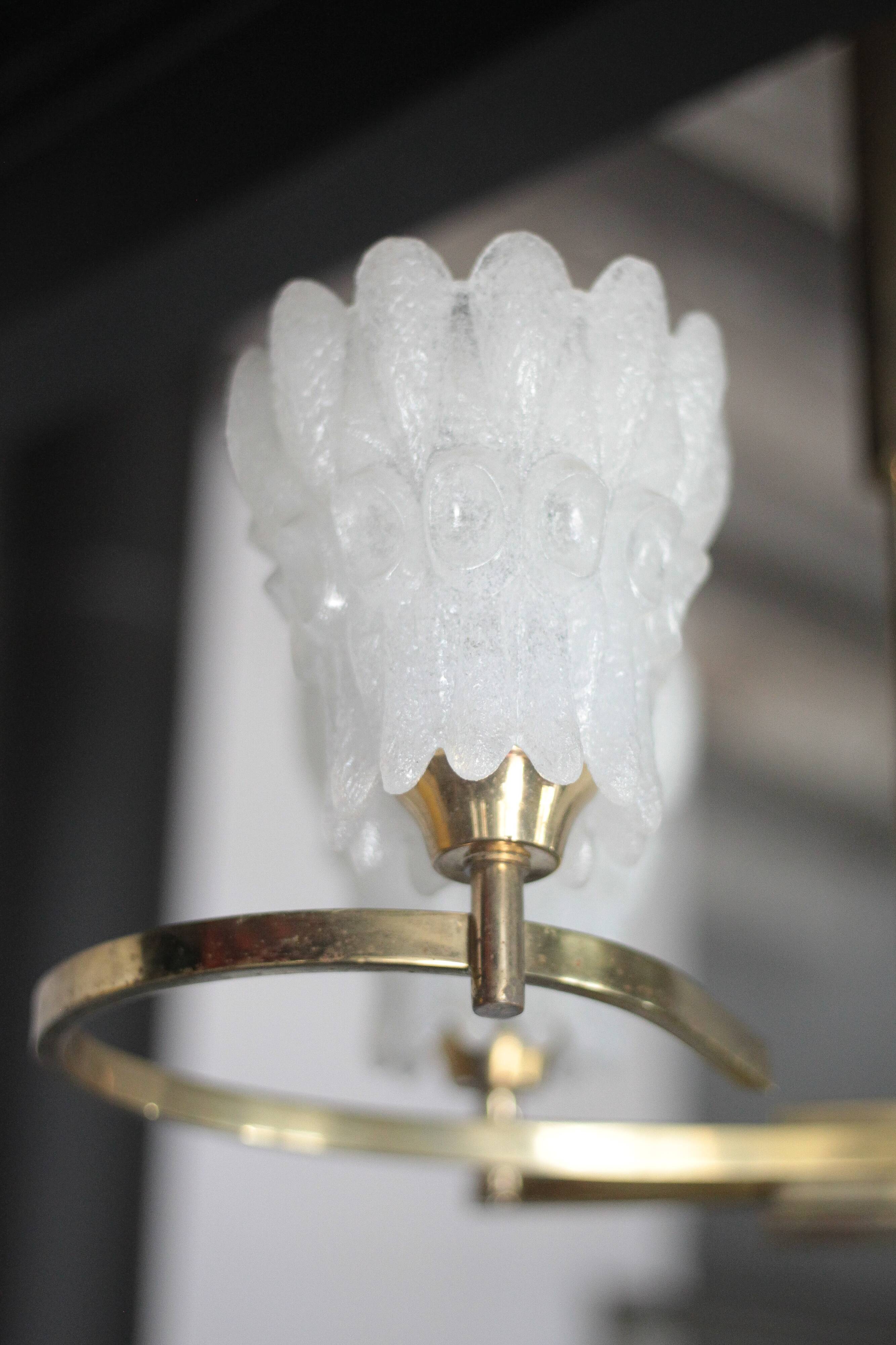 Vintage brass suspension with thick milk glass globe, brass chandelier.