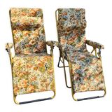 Pair of flowery deckchairs Lafuma 70s