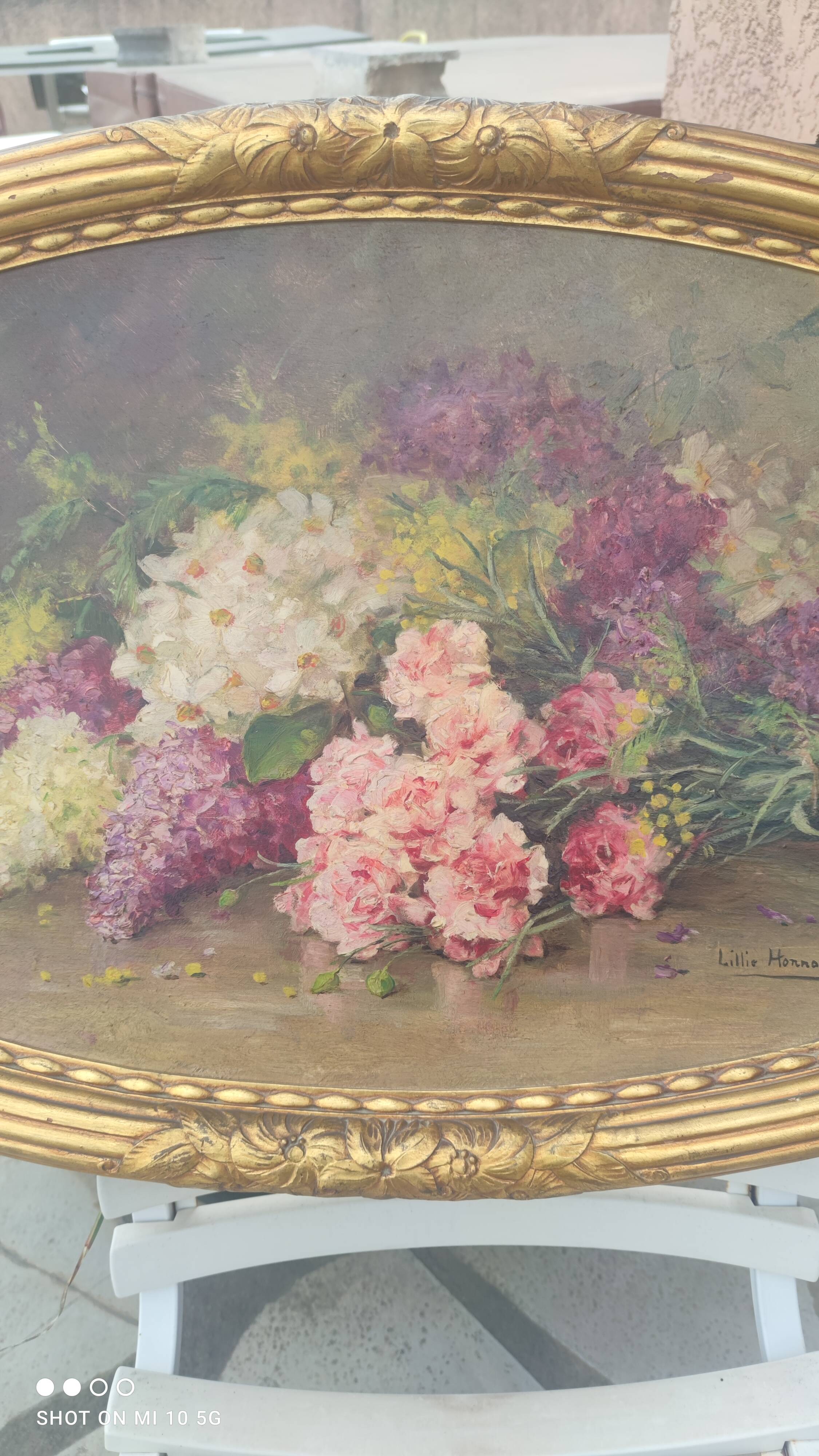 Elliptical table still life bouquet of flowers oil on wood by Lillie Honnorat