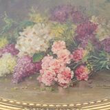 Elliptical painting still life bouquet of flowers oil on wood by Lillie Honnorat