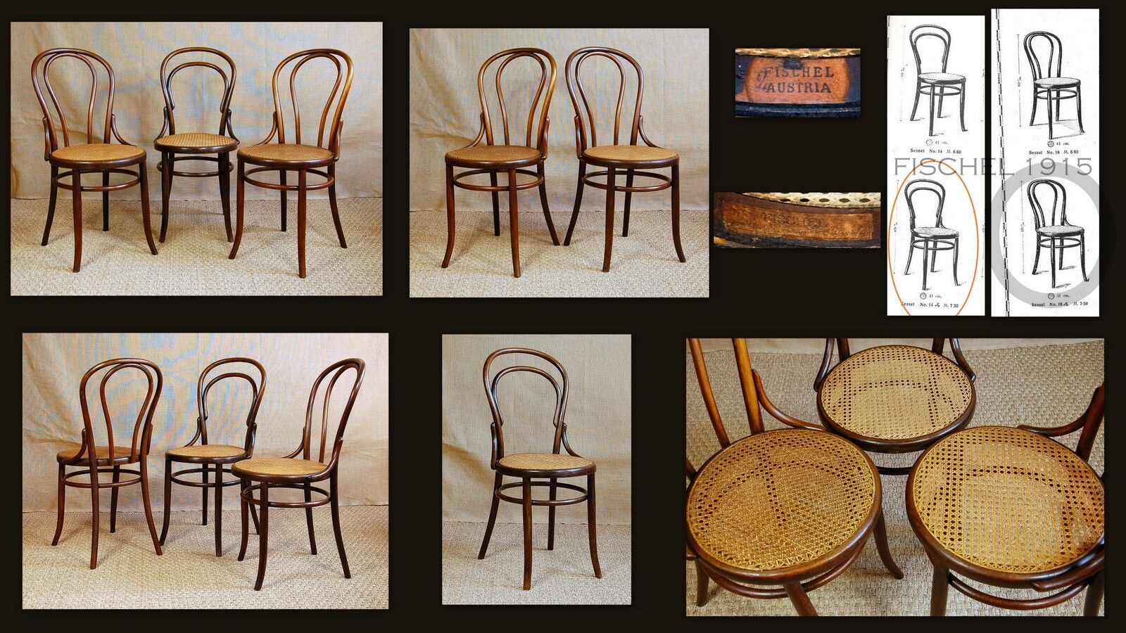 3 chairs bistro fischel n ° 14-18 beginning 20th cane