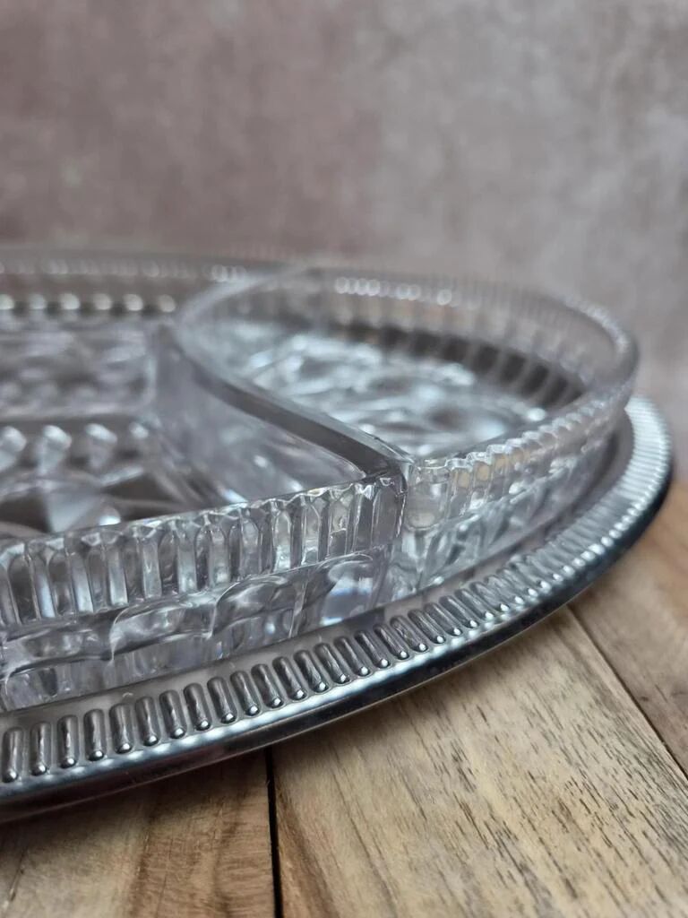 Vintage silver-plated metal tray with a segmented glass aperitif dish.