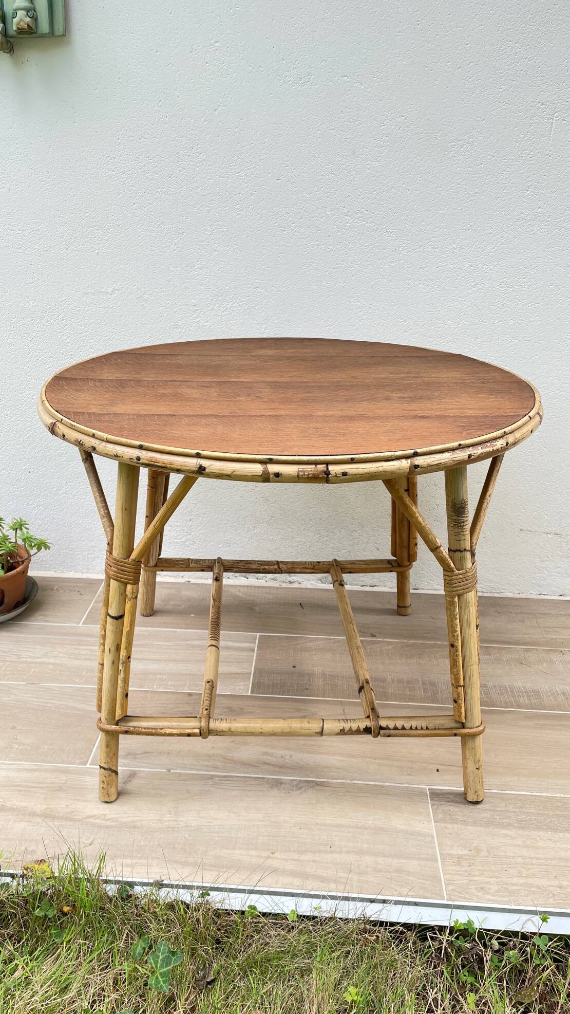 Round coffee table rattan and oak vintage