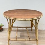 Round coffee table rattan and oak vintage