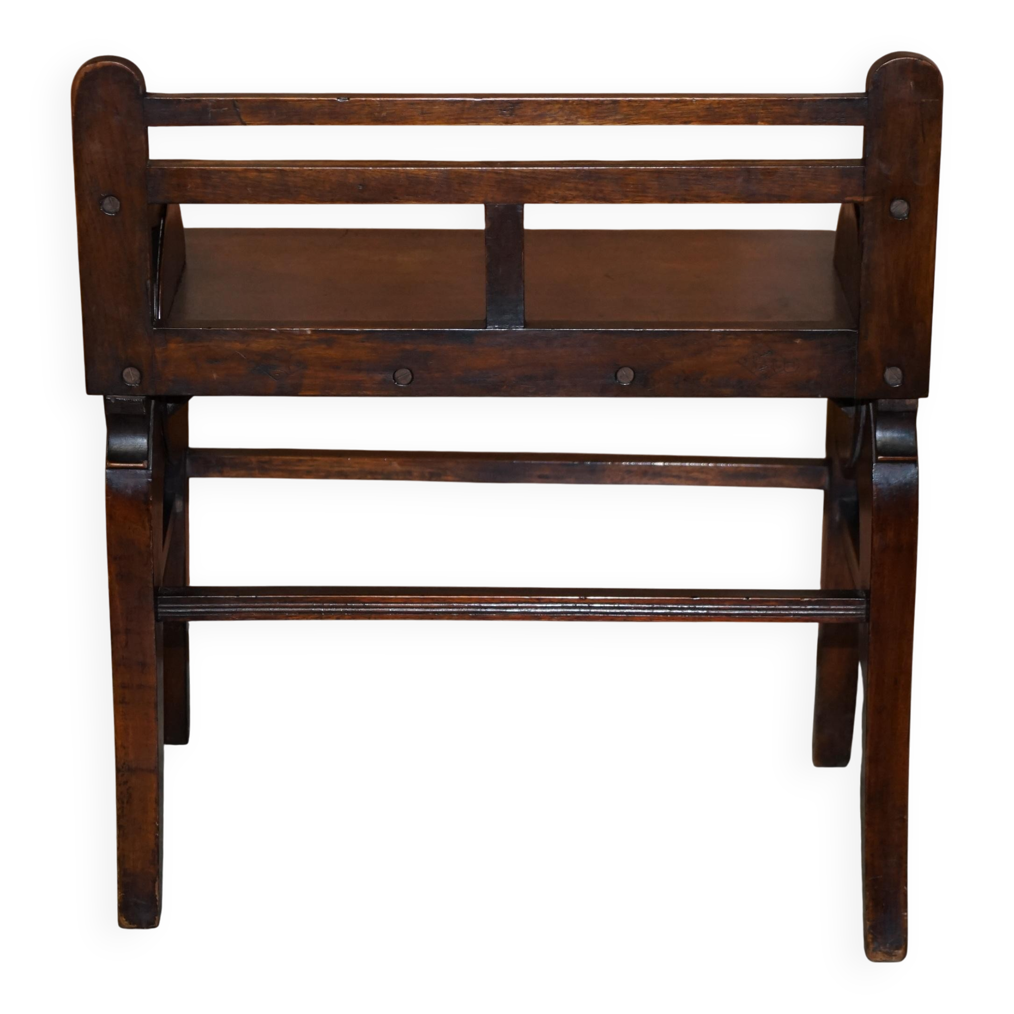 Antique entrance bench by Jas Shoolbred with brass fittings and walnut frame circa 1890.