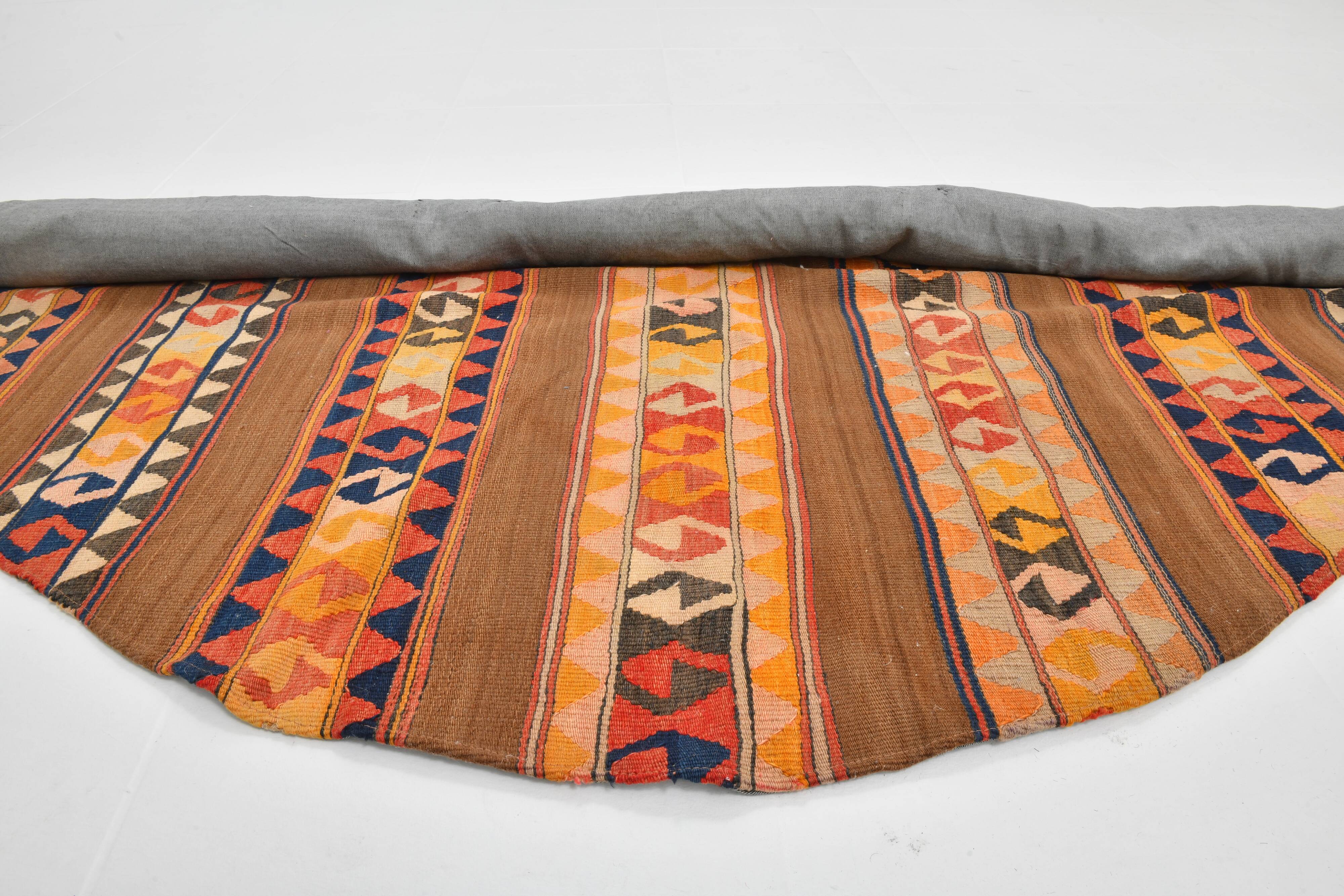 6x6 Orange & Brown Circle Striped Pattern Kilim Area Rug, 183x183Cm