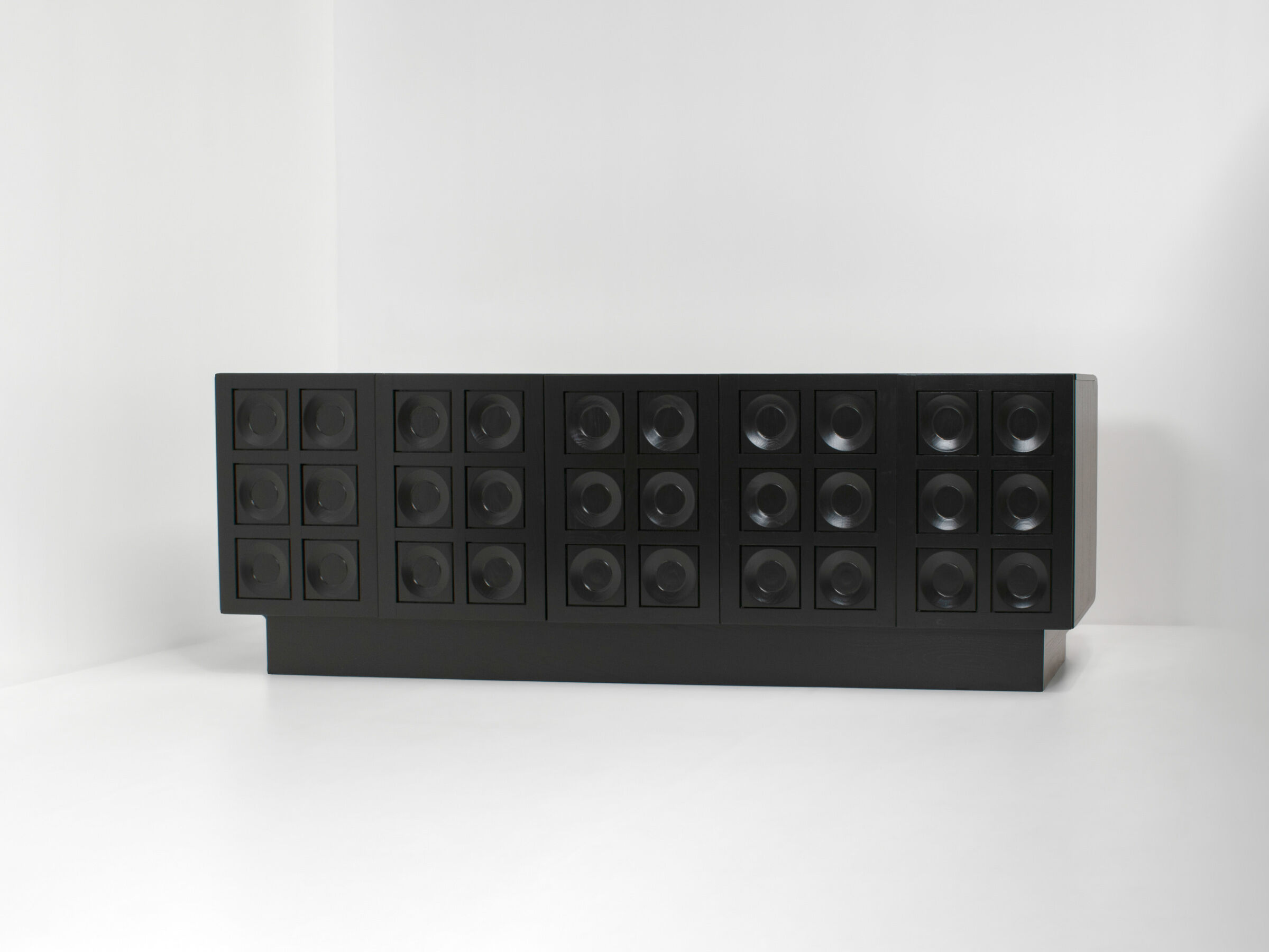 Black brutalist sideboard with graphic patterned doors, belgium 1970s