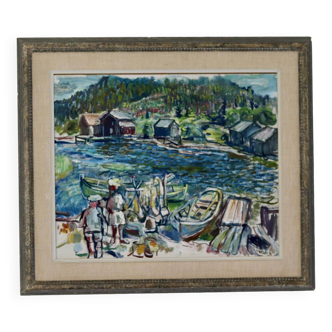 Huile sur panneau suédoise originale des années 1960 « Camp de pêche » par Olle Nordberg - Vintage et encadrée