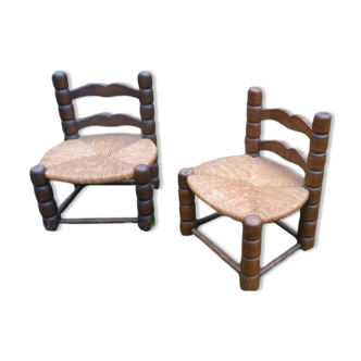 Paires de chaises basses en bois et paille