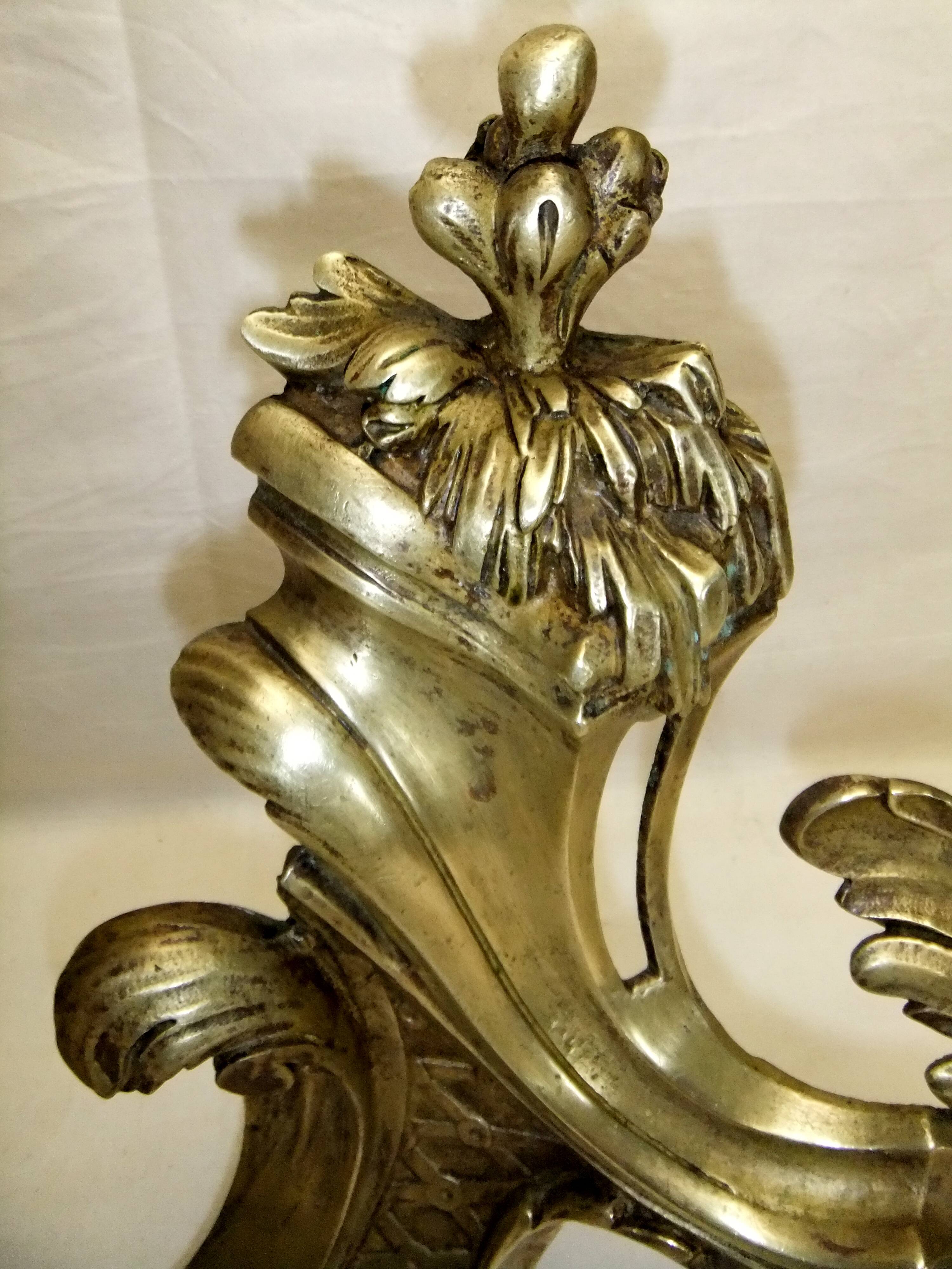 Old bronze andiron pair XVIII decor leaf accessory fireplace trim