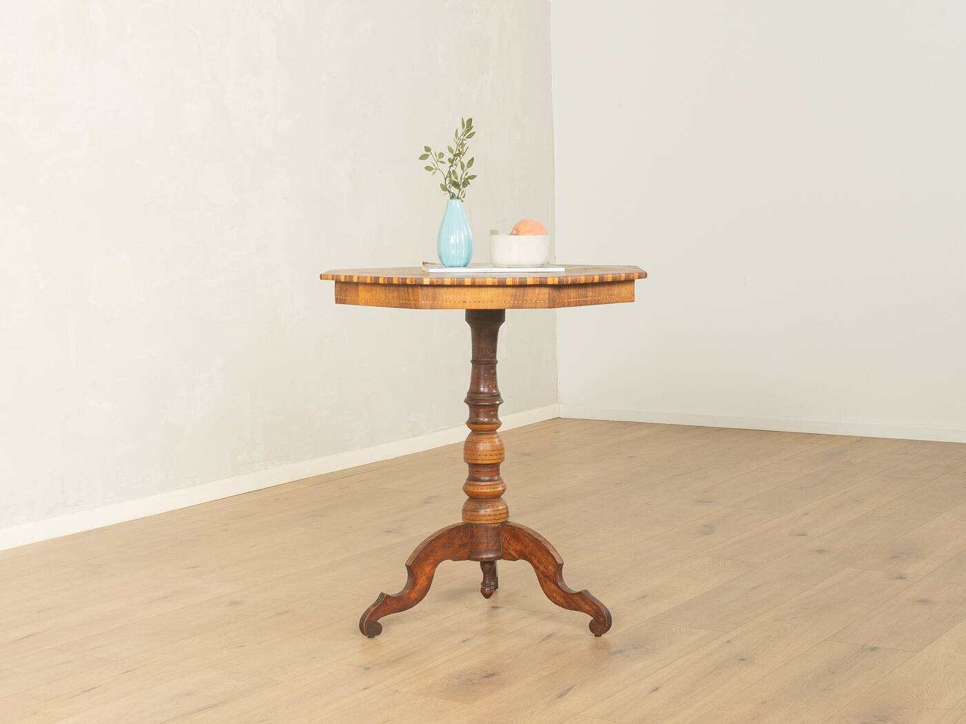 Antique octagonal walnut side table with elaborate inlays, probably Italy, mid-19th century