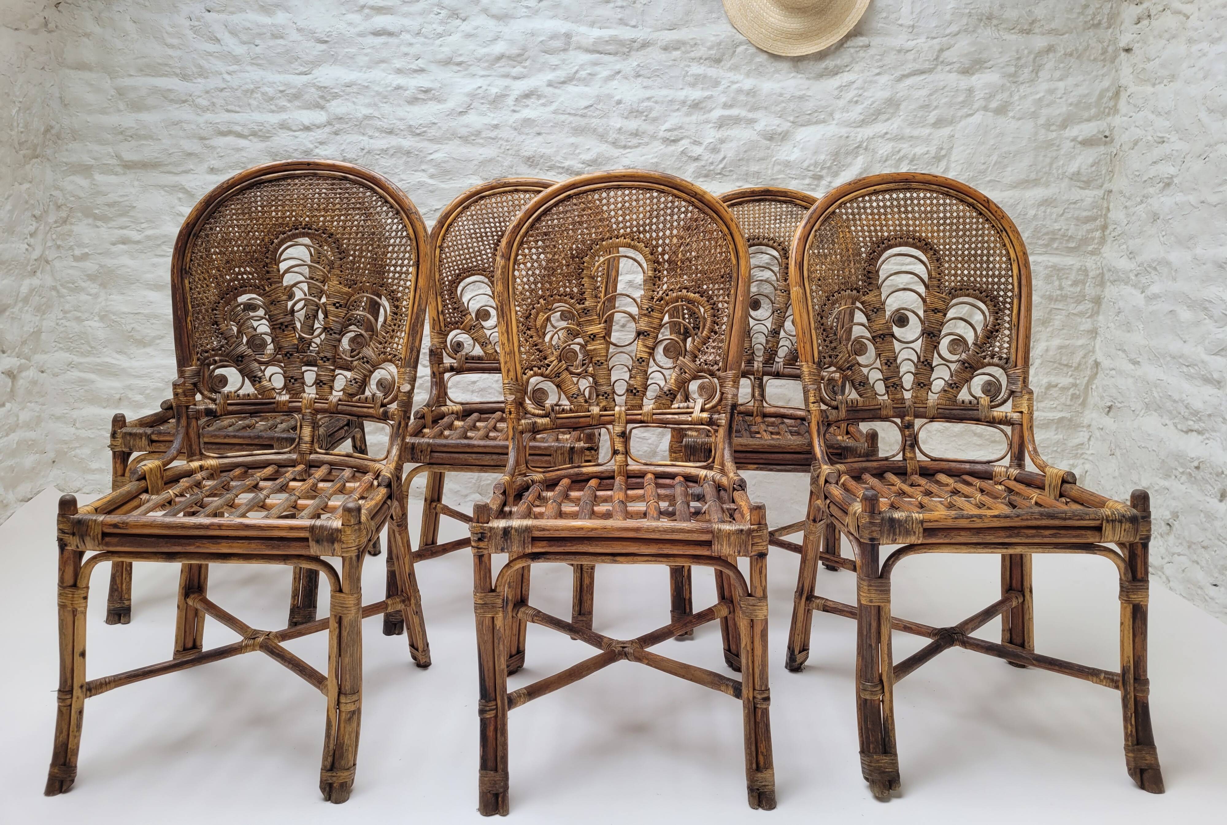 6 Vintage Emmanuelle Peacock Rattan Chairs