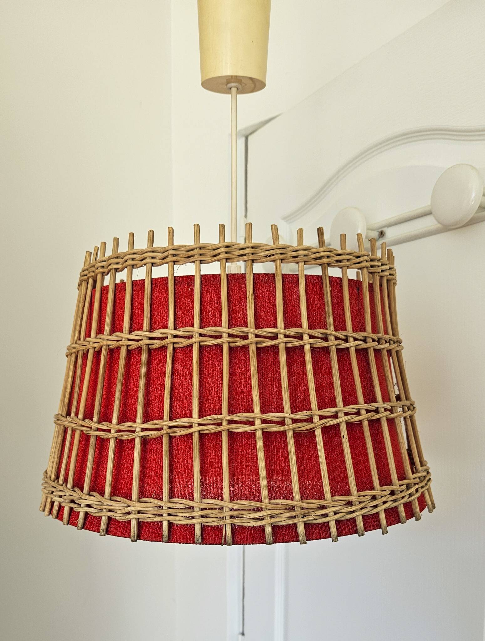 Vintage rattan pendant light - red fabric interior shade from the 60s