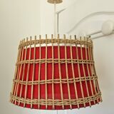 Vintage rattan pendant light - red fabric interior shade from the 60s