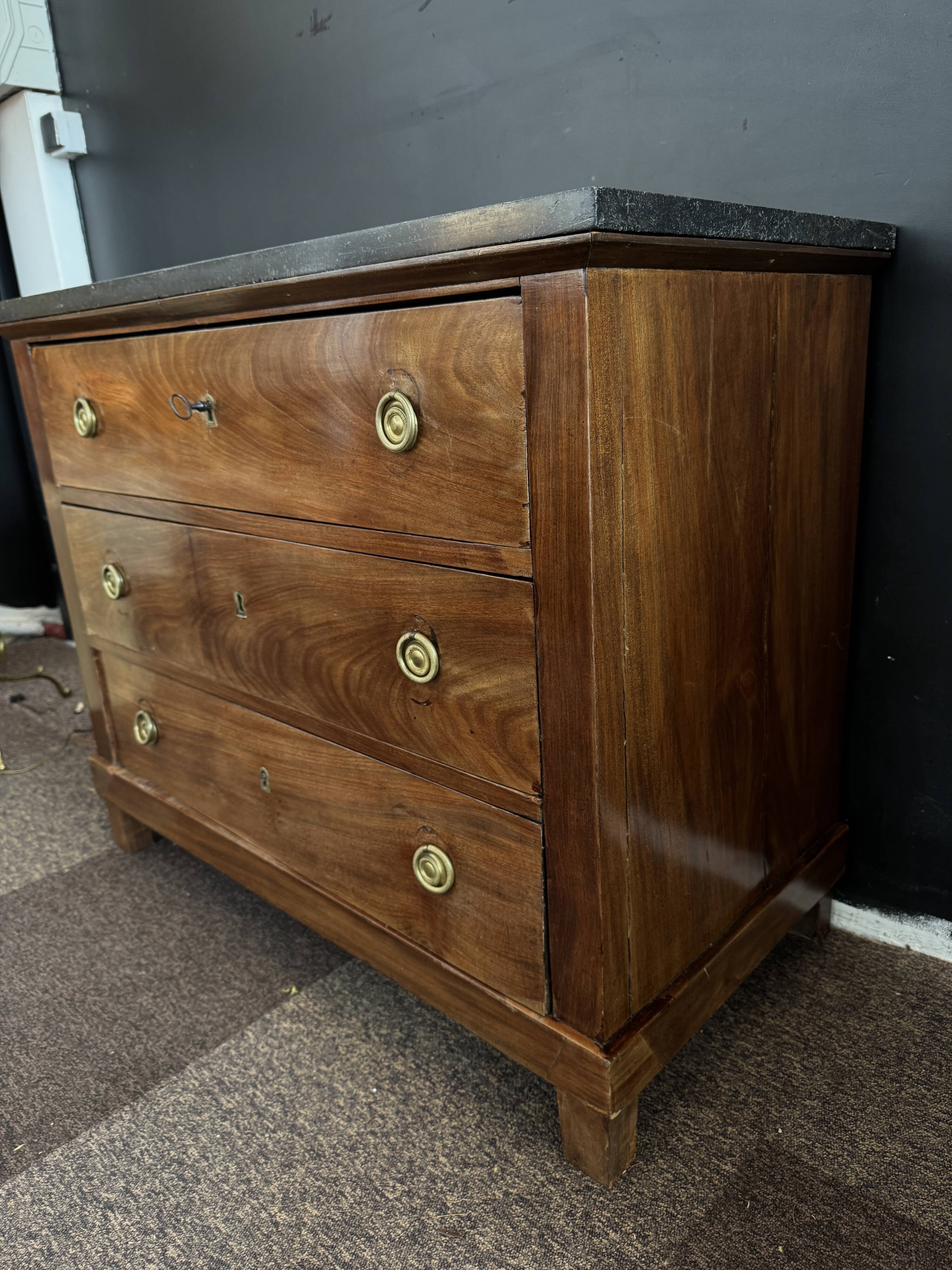 Empire style chest of drawers with 3 drawers and marble top - solid mahogany