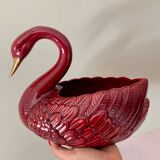 Vintage swan pot cover in red and gold ceramic