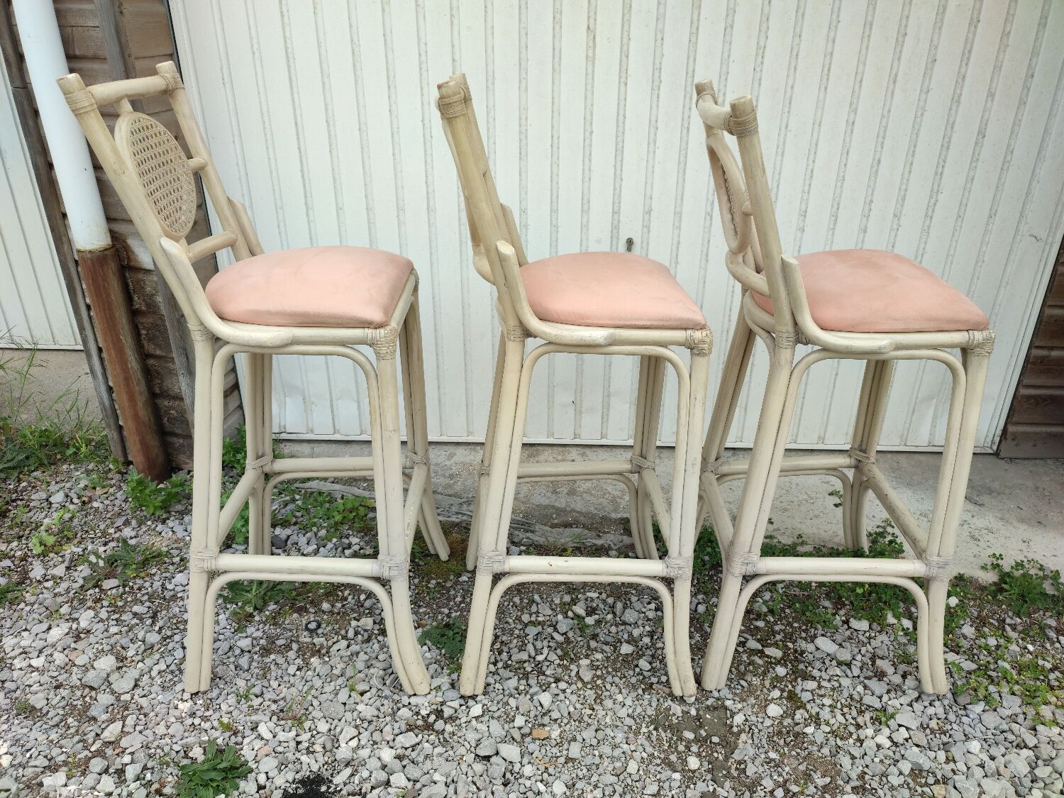 3 white stools vintage bar bamboo wicker rattan