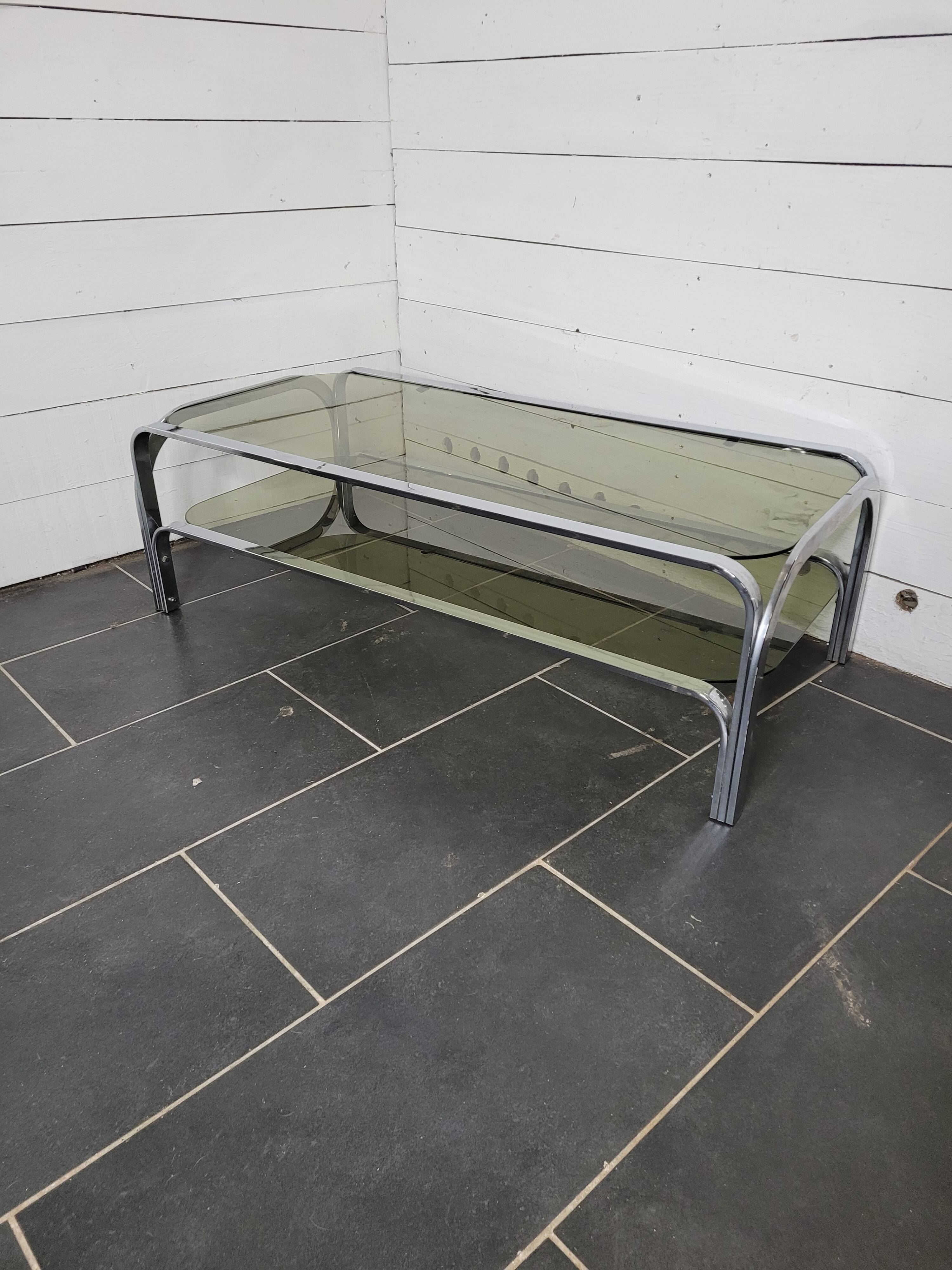 Chromed metal coffee table with smoked glass top from the 70s