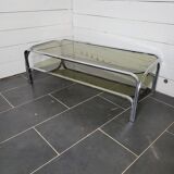 Chromed metal coffee table with smoked glass top from the 70s