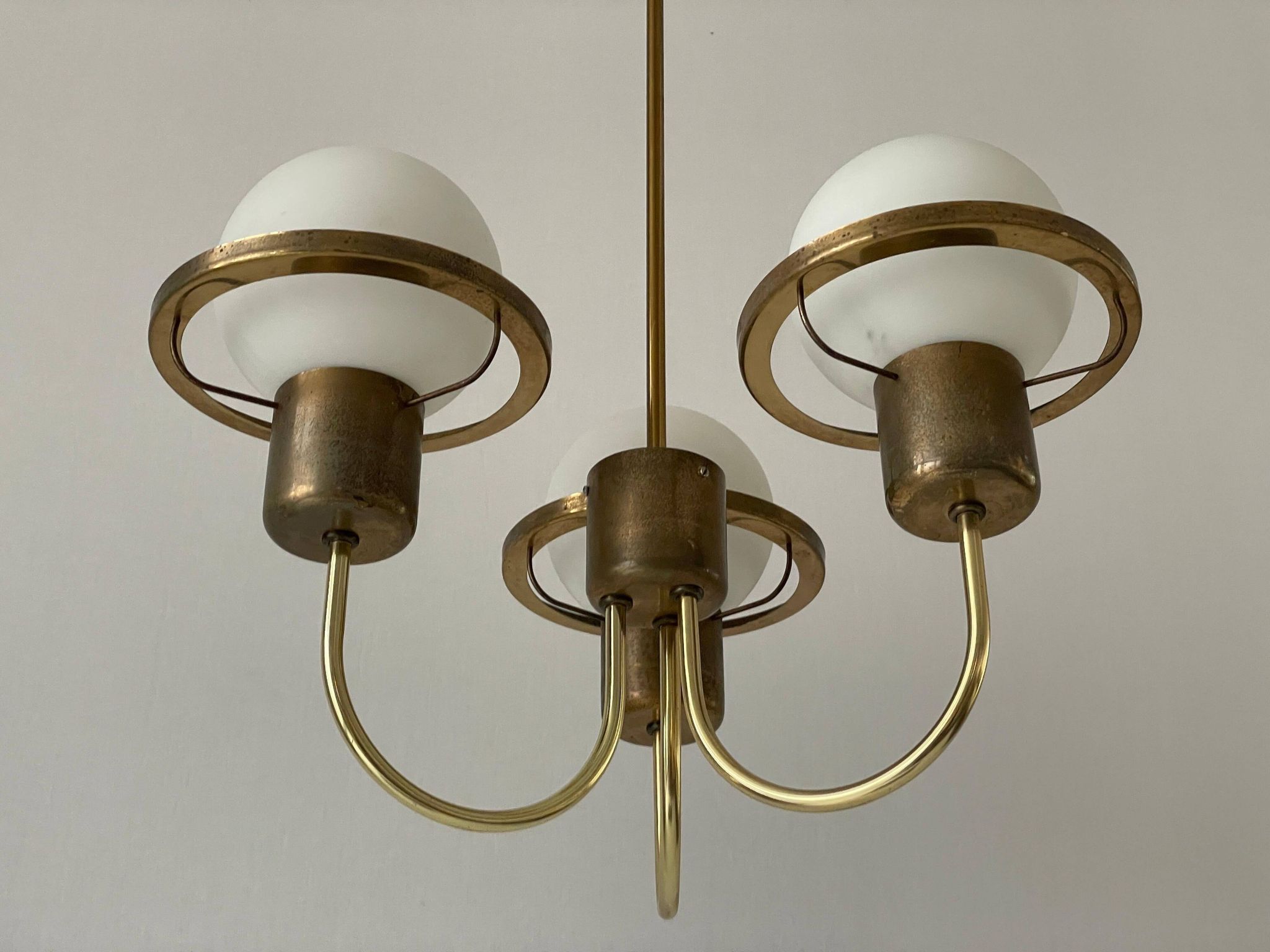 Suspended lamp with 3 glass balls and brass frame, Germany, 1960s