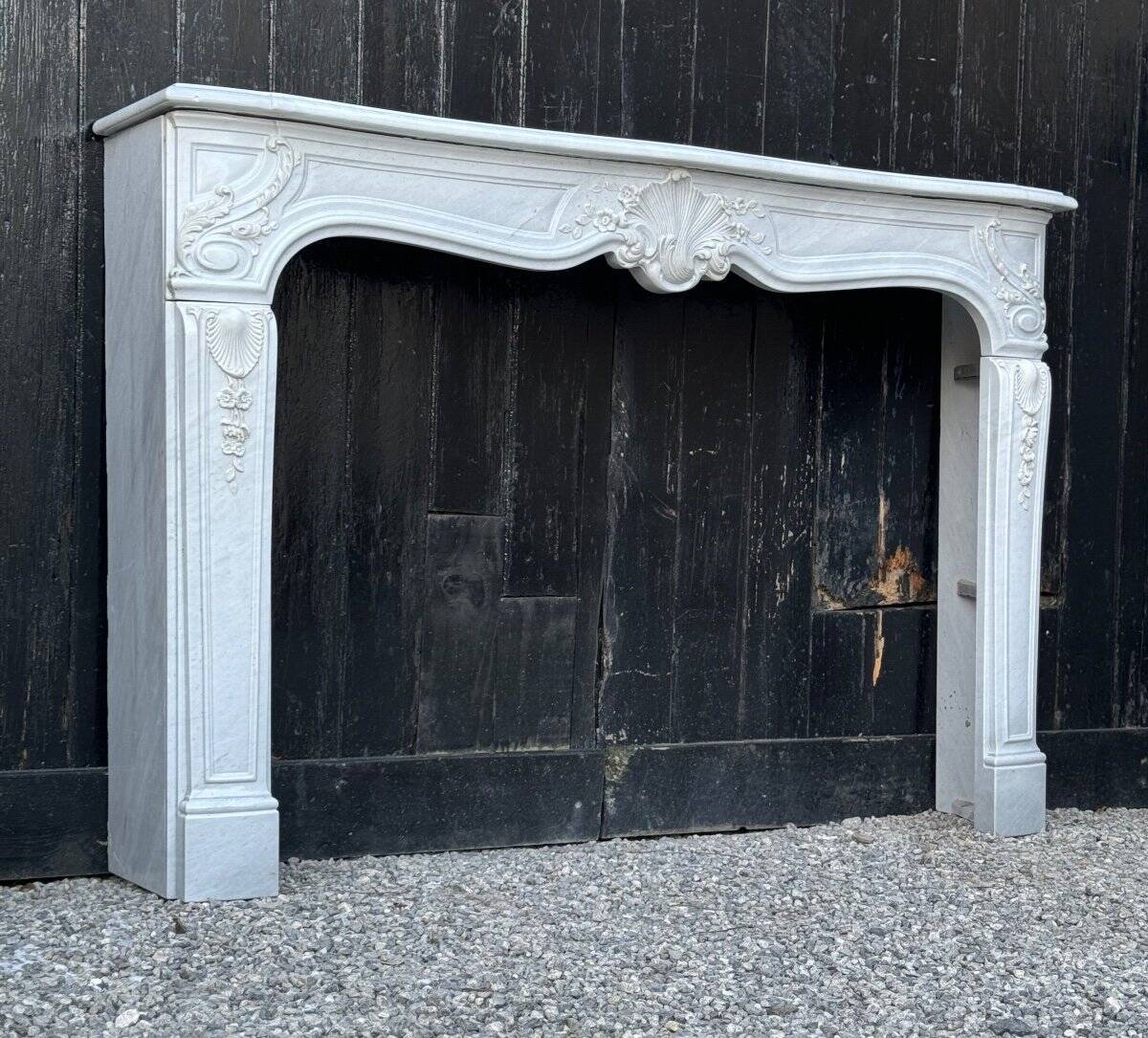 Louis XV style fireplace in grey and white Carrara marble circa 1980