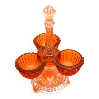 Années 1930   erviteur tourniquet à condiments  Verre moulé transparent et ambre