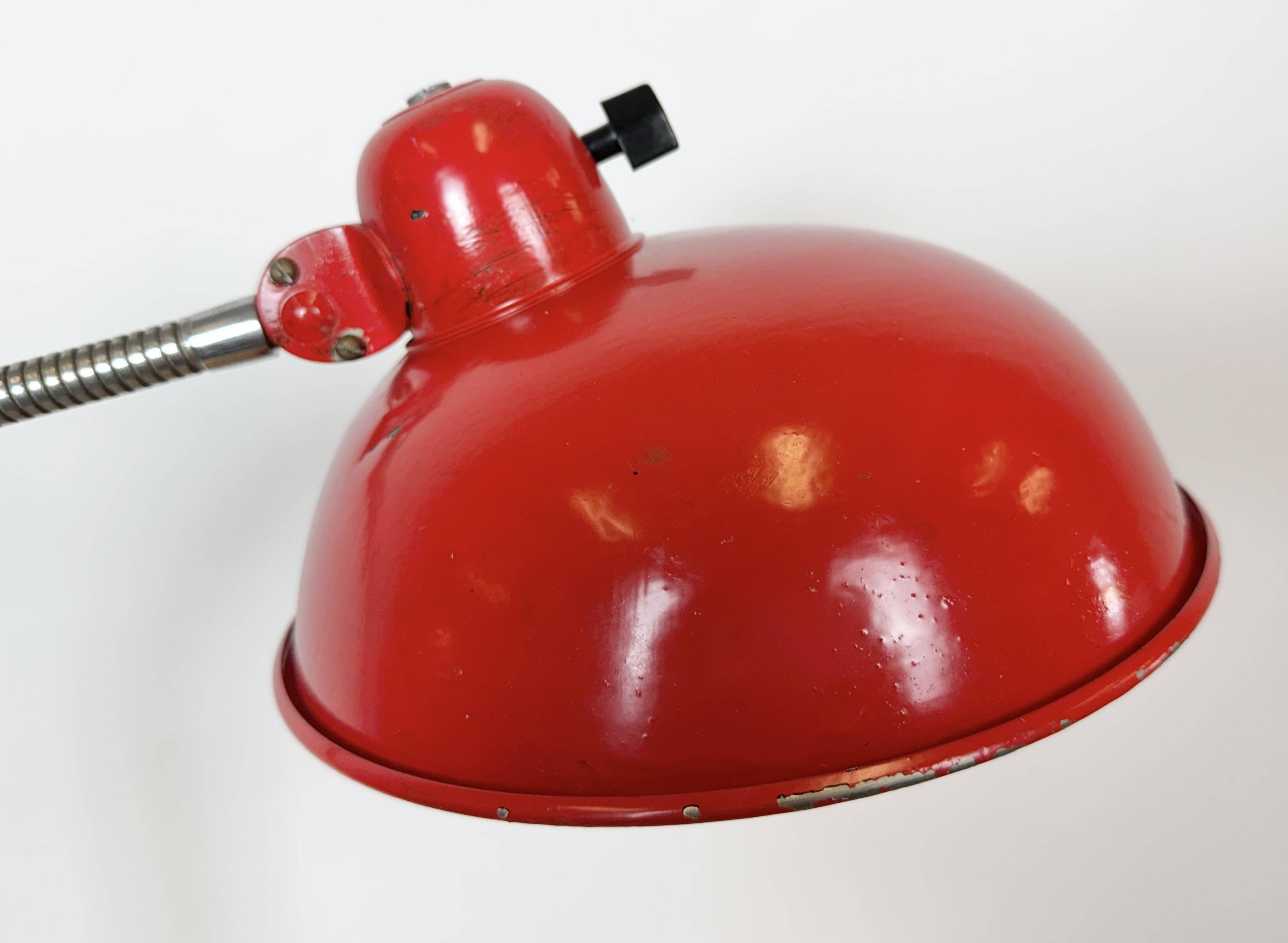 Large Red Industrial German Workshop Table Lamp from Helo Leuchten, 1950s